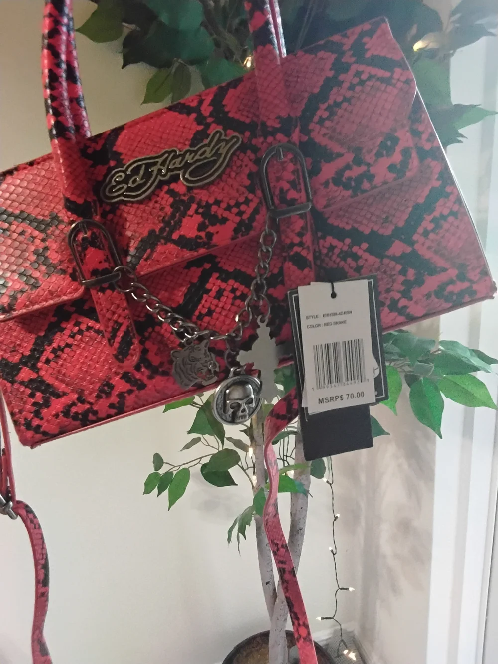 Ed Hardy Red Snake-Print Crossbody & Chaincharm